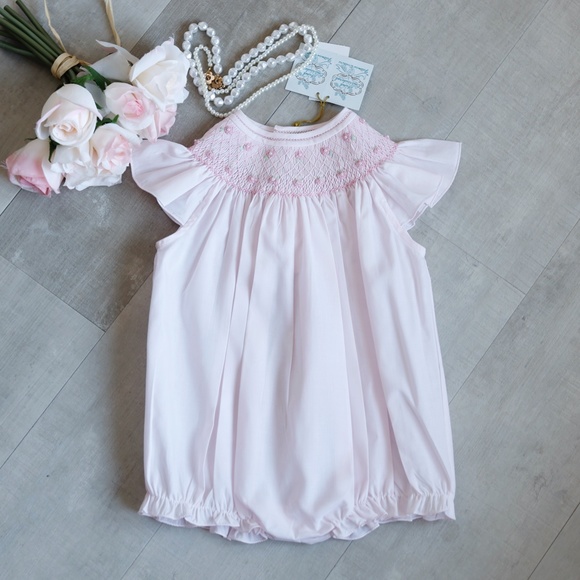 Smocked Pink Pearl Flower Fly Sleeve Bubble Feltman Brothers Embroidery NWT - Picture 1 of 4